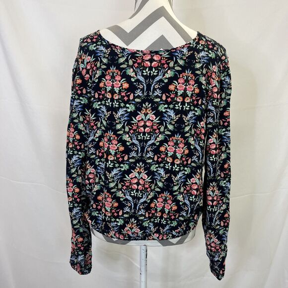 NWT Ann Taylor Loft Navy Flower Print Peasant Top Sz M White Elastic Waistband - Picture 3 of 10
